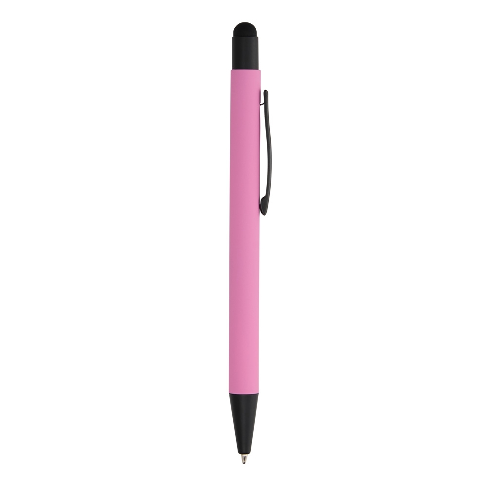 Caneta de metal touch emborrachada de corpo liso com clipe preto personalizada com a logo da empresa, na cor rosa