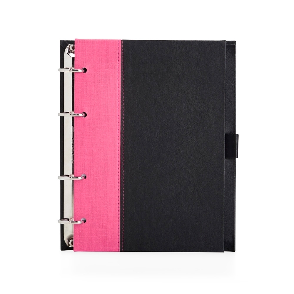 Caderno fichário de couro sintético com 100 folhas na cor Preto / Rosa, personalizado com a logo da empresa