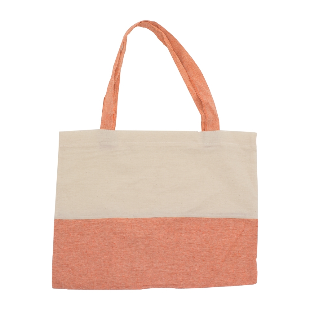 Sacola ecológica de algodão com alças e base coloridas personalizada com a logo da empresa, na cor laranja