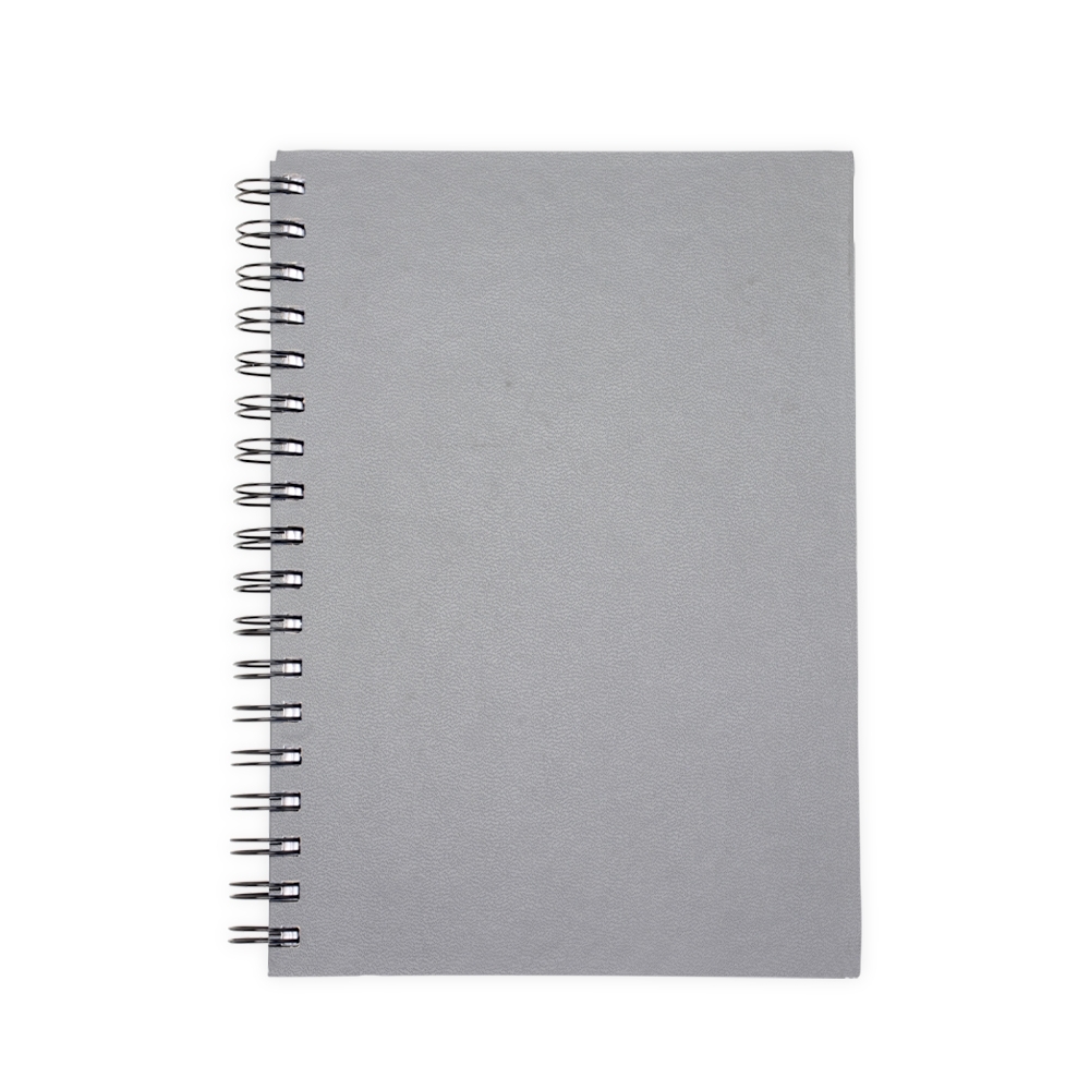 Caderno cromato com espiral e 86 folhas personalizado com a logo da empresa, na cor cinza
