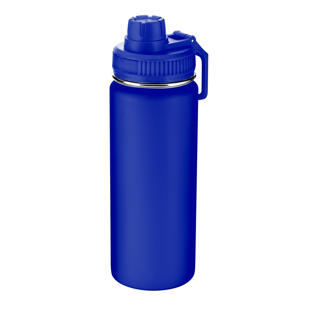 Garrafa térmica aço inox 570 ml com alça personalizada com a logo da empresa, na cor azul escuro