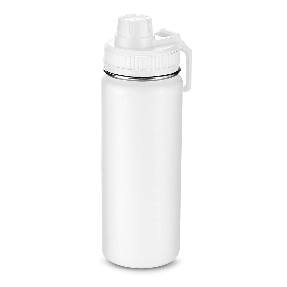 Garrafa térmica aço inox 570 ml com alça personalizada com a logo da empresa, na cor branco