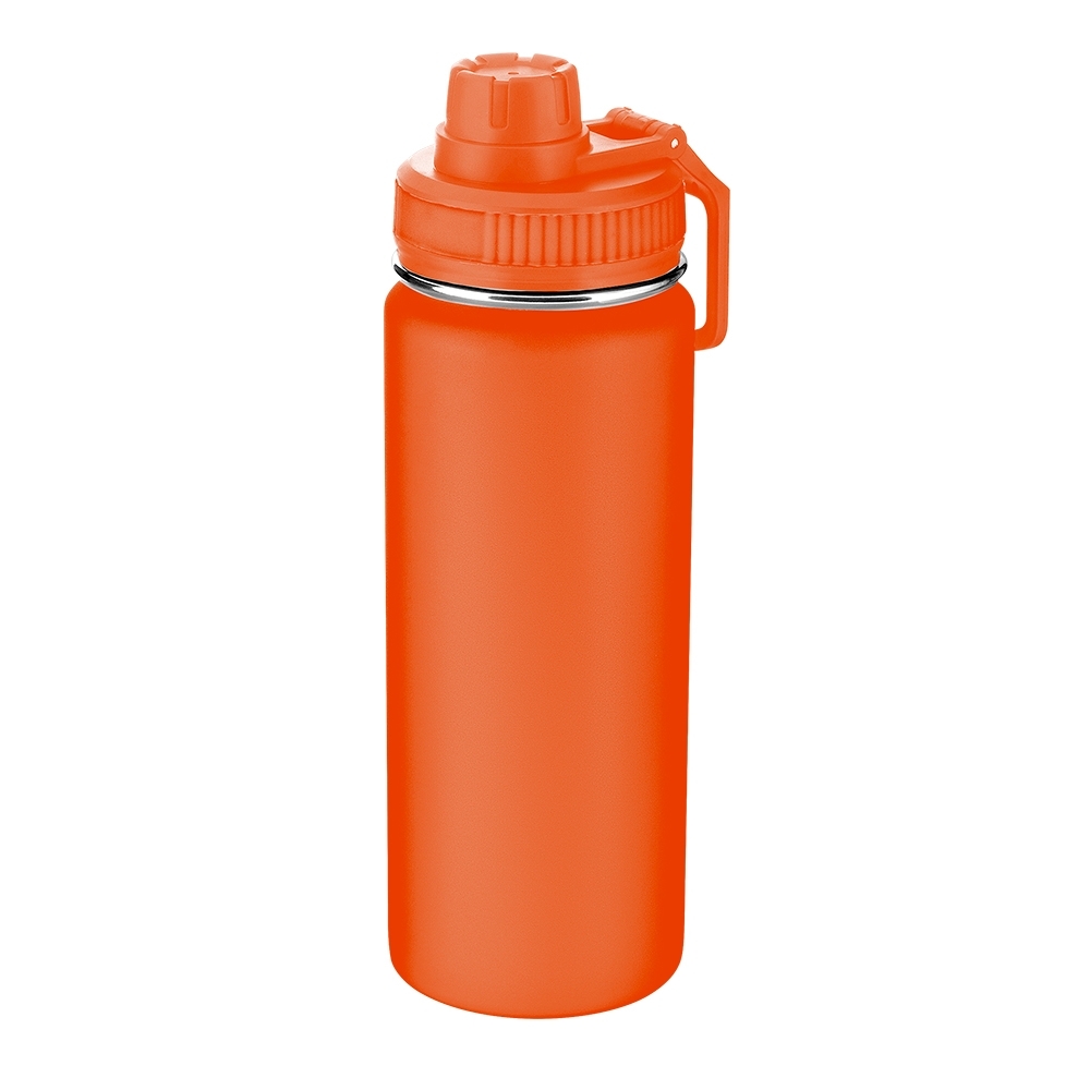 Garrafa térmica aço inox 570 ml com alça personalizada com a logo da empresa, na cor laranja