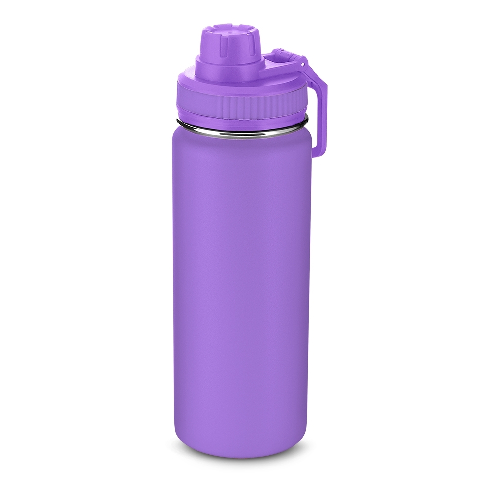 Garrafa térmica aço inox 570 ml com alça personalizada com a logo da empresa, na cor roxo