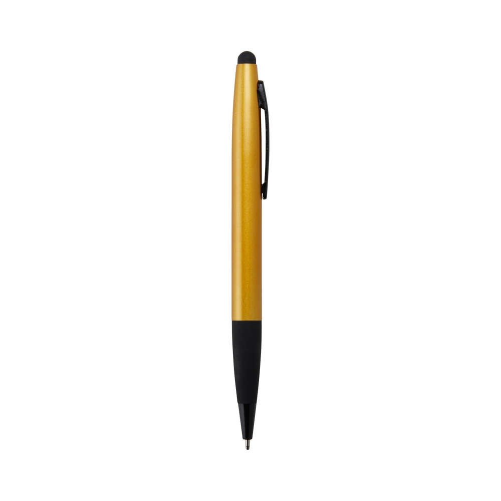 Caneta de metal giratória fosca com touch e pega preta personalizada com a logo da empresa, na cor dourado / preto