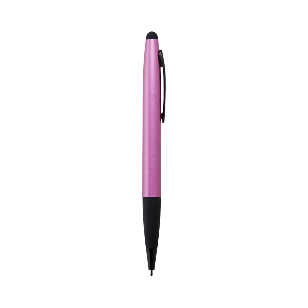 Caneta de metal giratória fosca com touch e pega preta personalizada com a logo da empresa, na cor roxo / preto