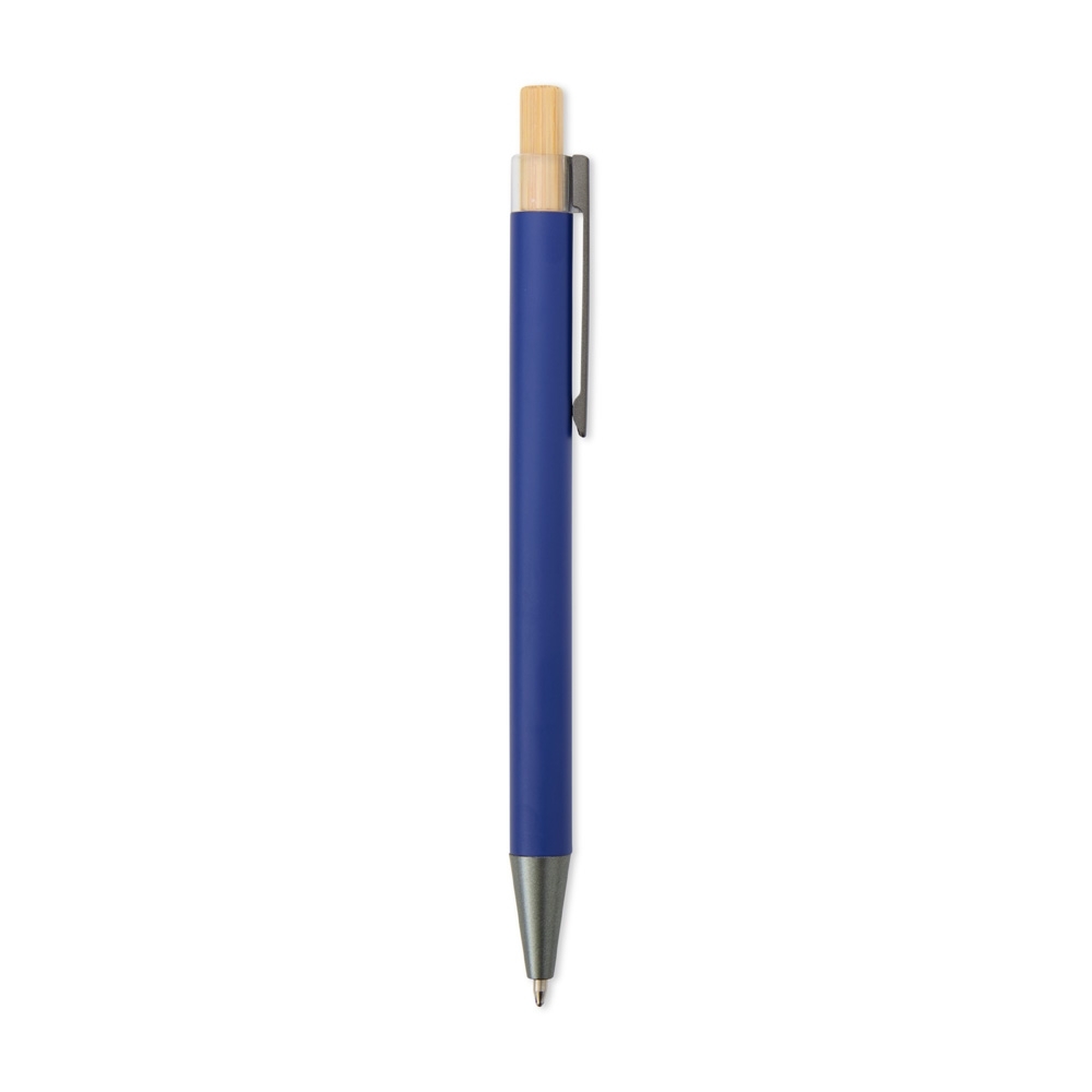 Caneta de metal com acionador de bambu na cor Azul, personalizada com a logo da empresa