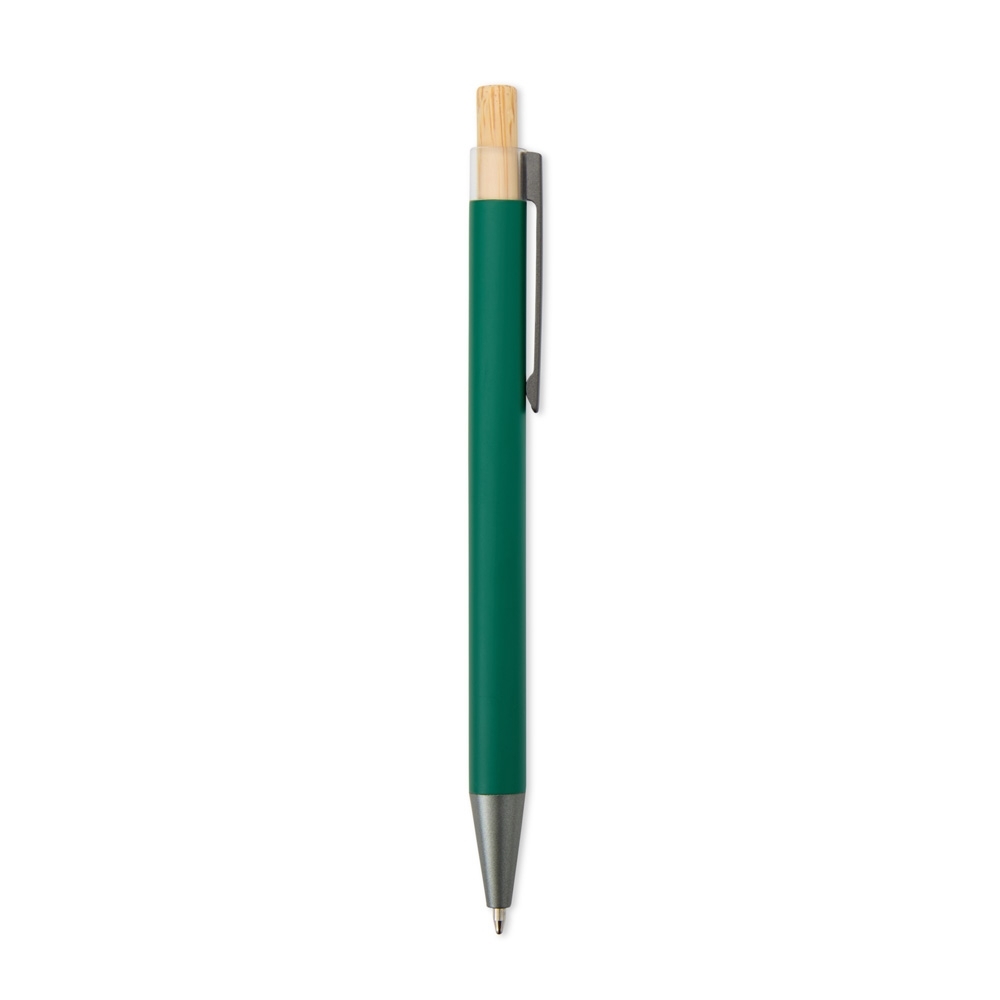 Caneta de metal com acionador de bambu personalizada com a logo da empresa, na cor verde escuro
