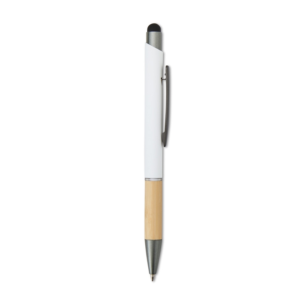 Caneta de metal touch com pega de bambu na cor Branco, personalizada com a logo da empresa