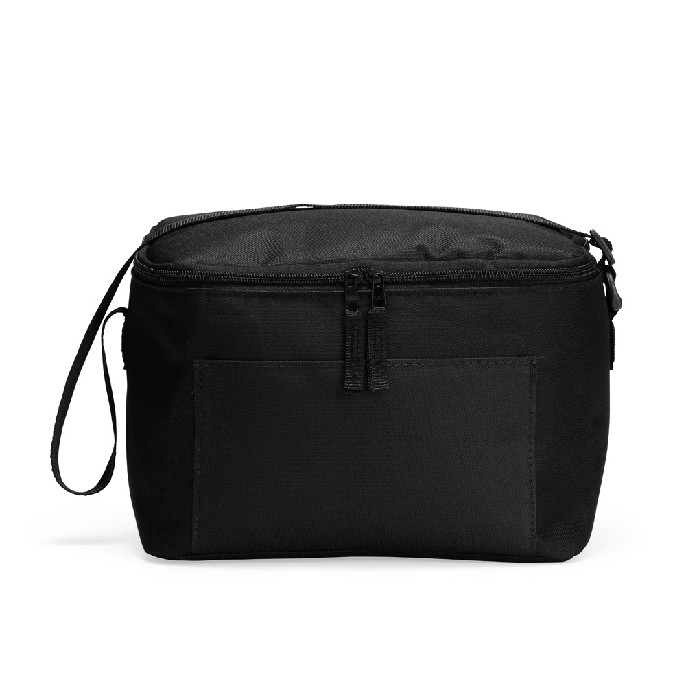 Bolsa térmica 10 litros de nylon com bolso frontal na cor Preto, personalizada com a logo da empresa