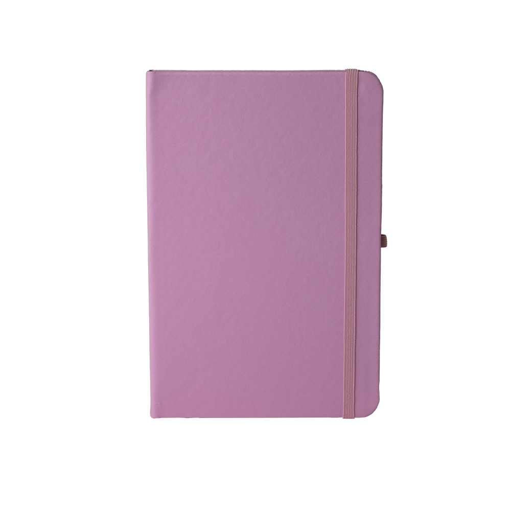 Caderneta de couro sintético com porta-caneta e folhas pardas personalizada com a logo da empresa, na cor rosa