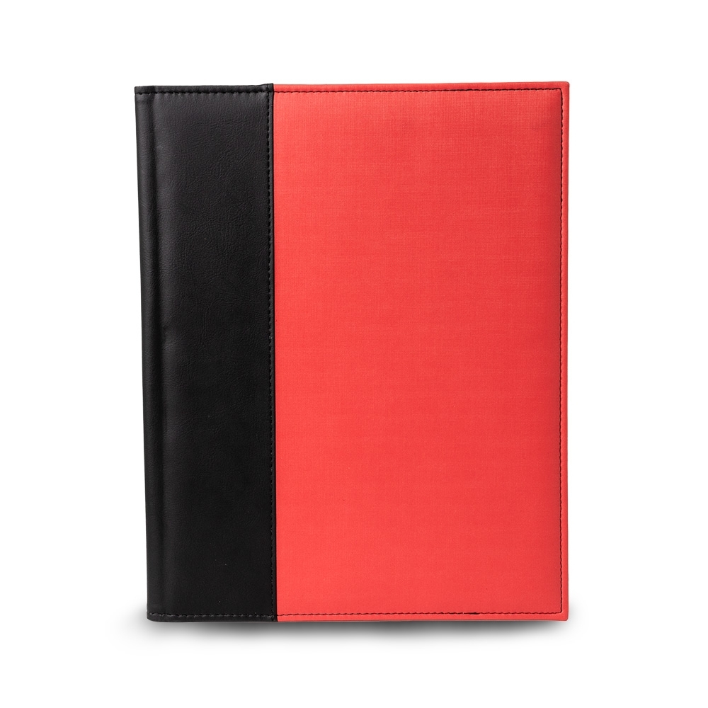 Pasta convenção de couro sintético com porta caneta e 2 compartimentos na cor Preto / Vermelho, personalizada com a logo da empresa