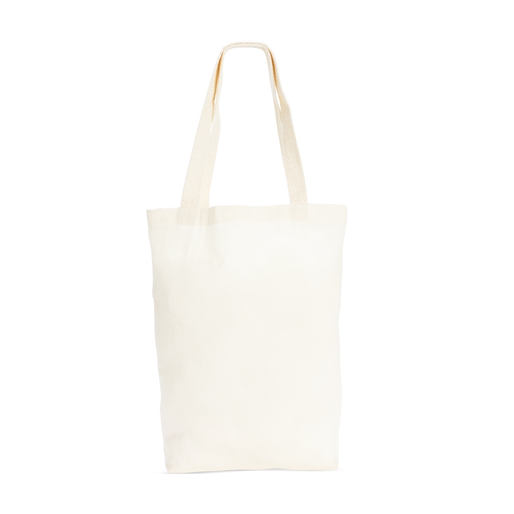 Sacola de algodão cru com par de alças costuradas na cor Bege, personalizada com a logo da empresa