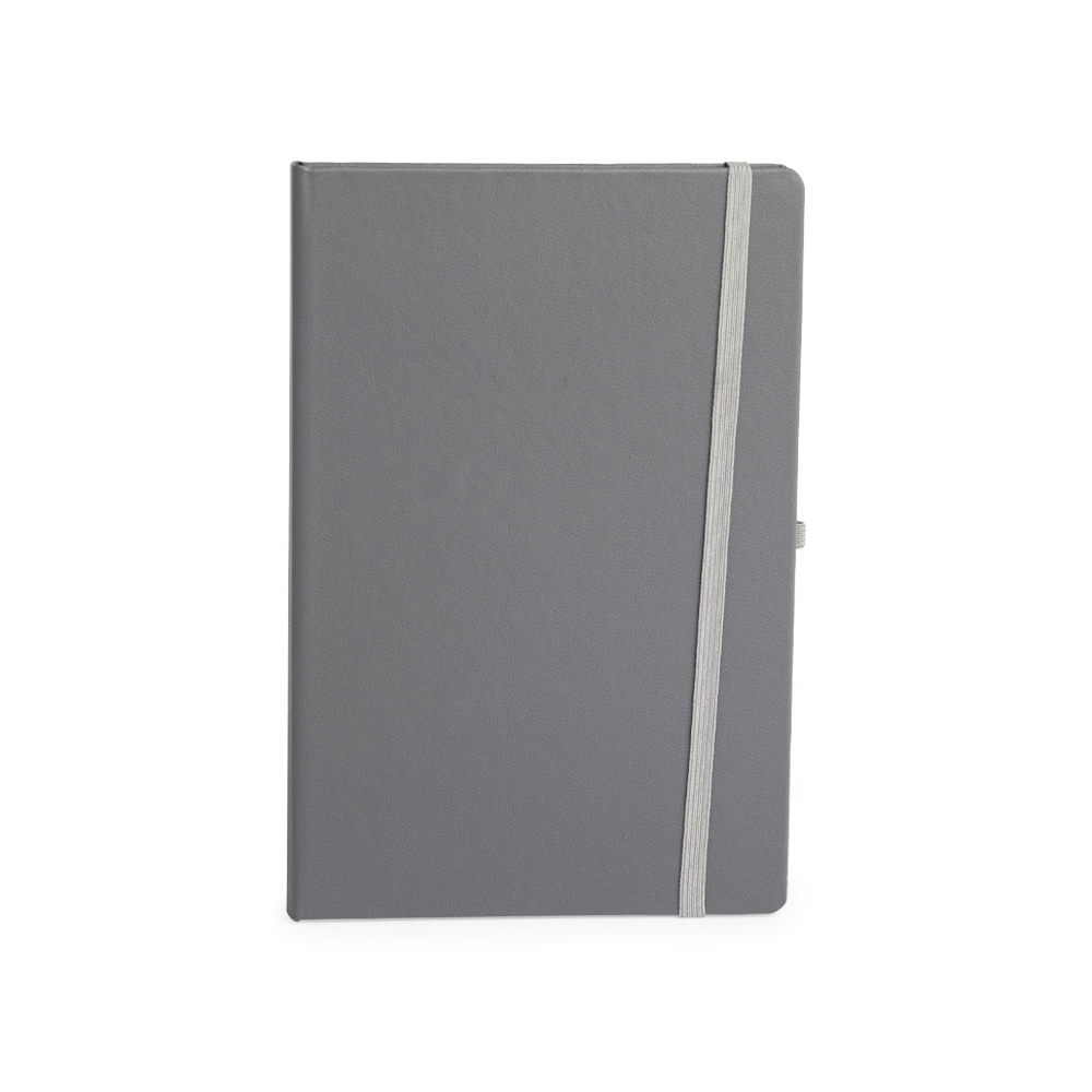 Planner cromato 2027 com capa dura e porta-caneta personalizado com a logo da empresa, na cor cinza