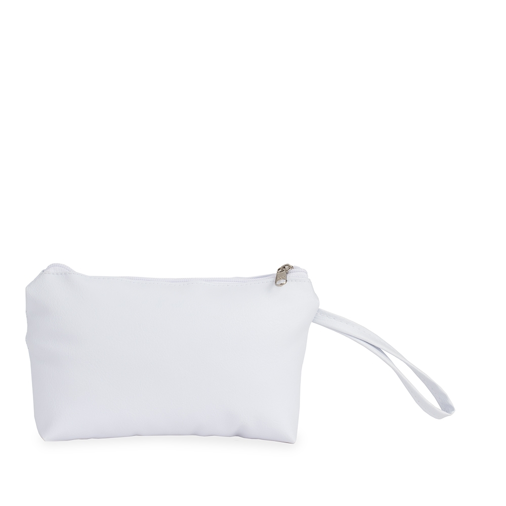 Nécessaire de couro sintético impermeável (12,5 x 21 cm) personalizada com a logo da empresa, na cor branco