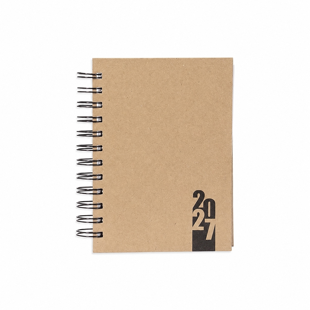 Agenda diária com capa dura de papel kraft e espiral personalizada com a logo da empresa