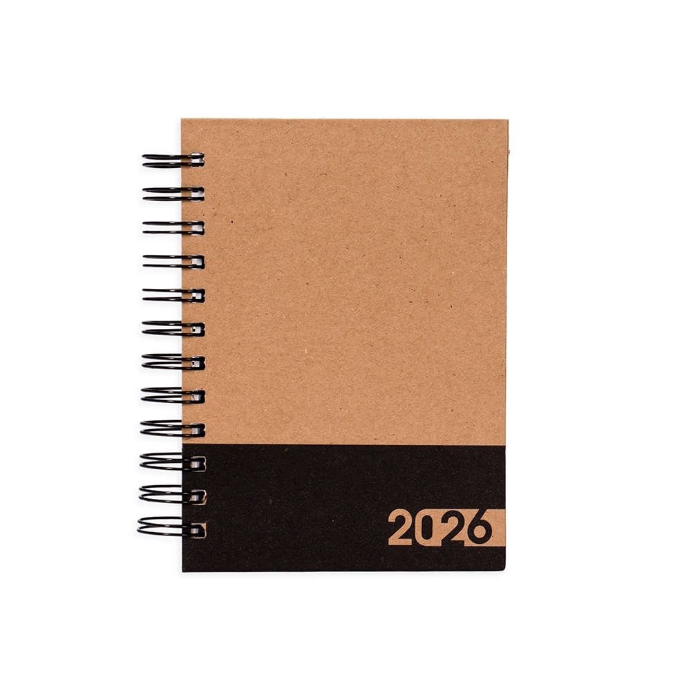 Agenda diária 2027 compacta com capa dura de kraft e espiral personalizada com a logo da empresa