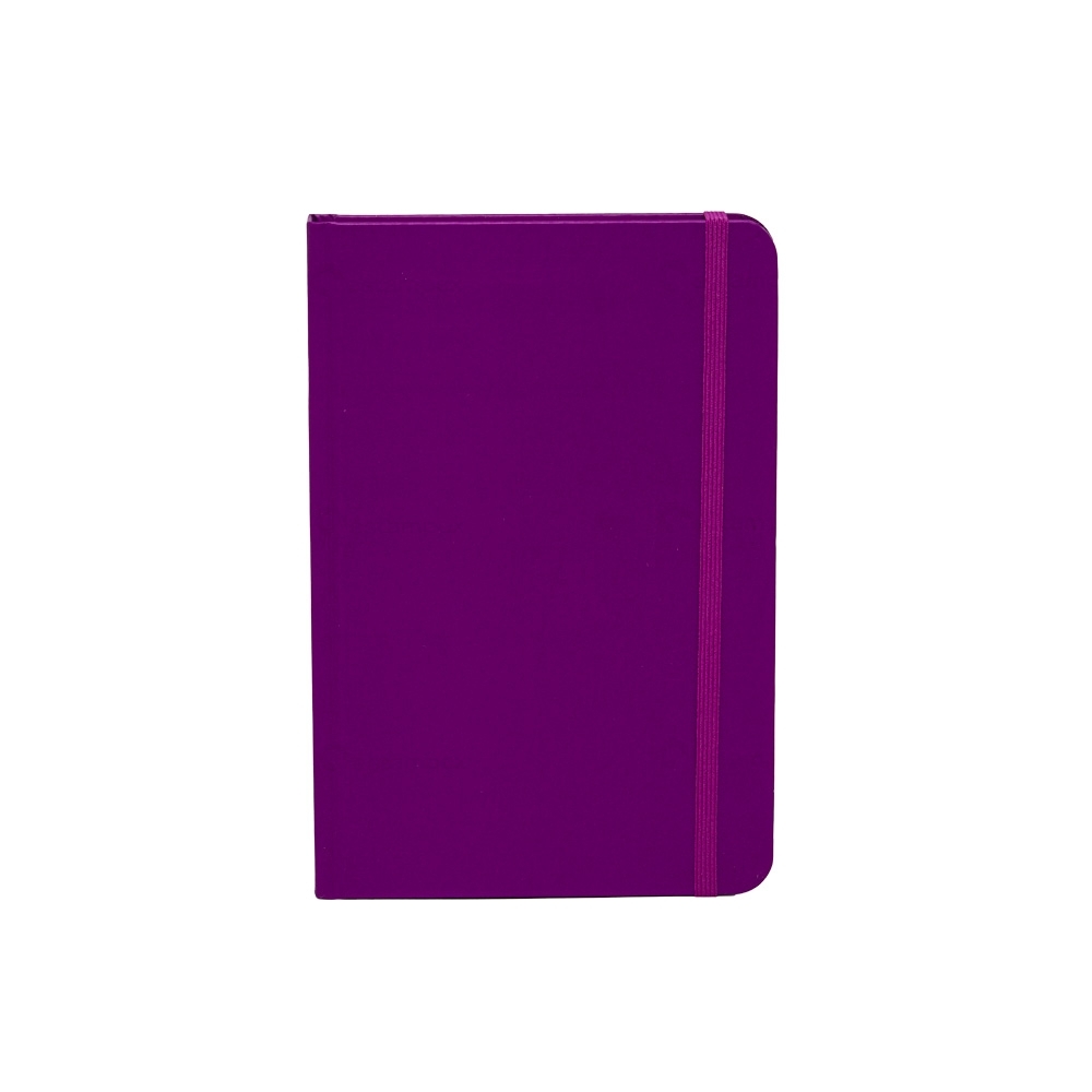 Caderneta capa dura pautada sem pauta personalizada com a logo da empresa, na cor roxo