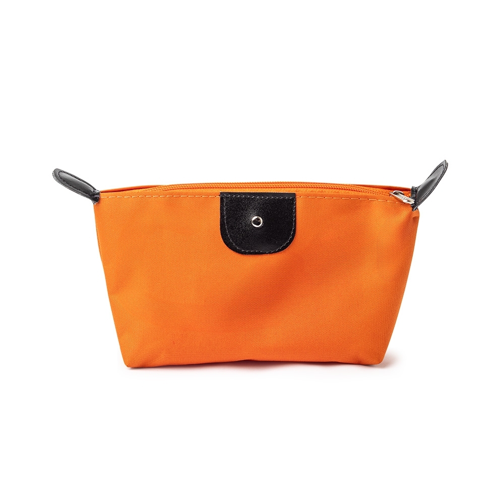 Nécessaire de nylon oxford impermeável personalizada com a logo da empresa, na cor laranja / preto