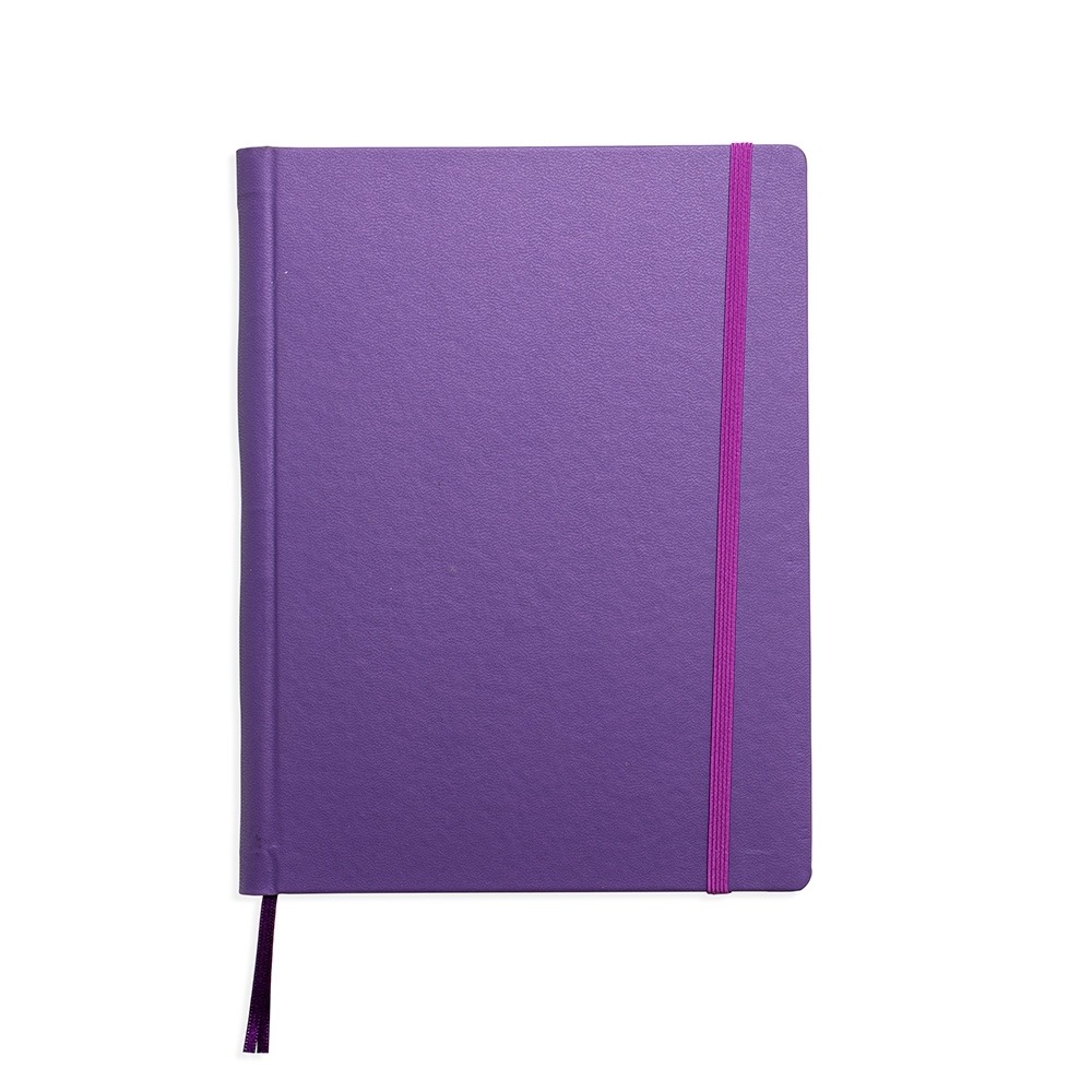 Caderneta couro sintético com 90 folhas personalizada com a logo da empresa, na cor roxo