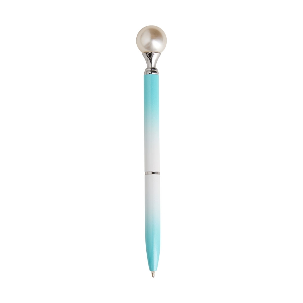 Caneta pérola de metal personalizada com a logo da empresa, na cor azul claro