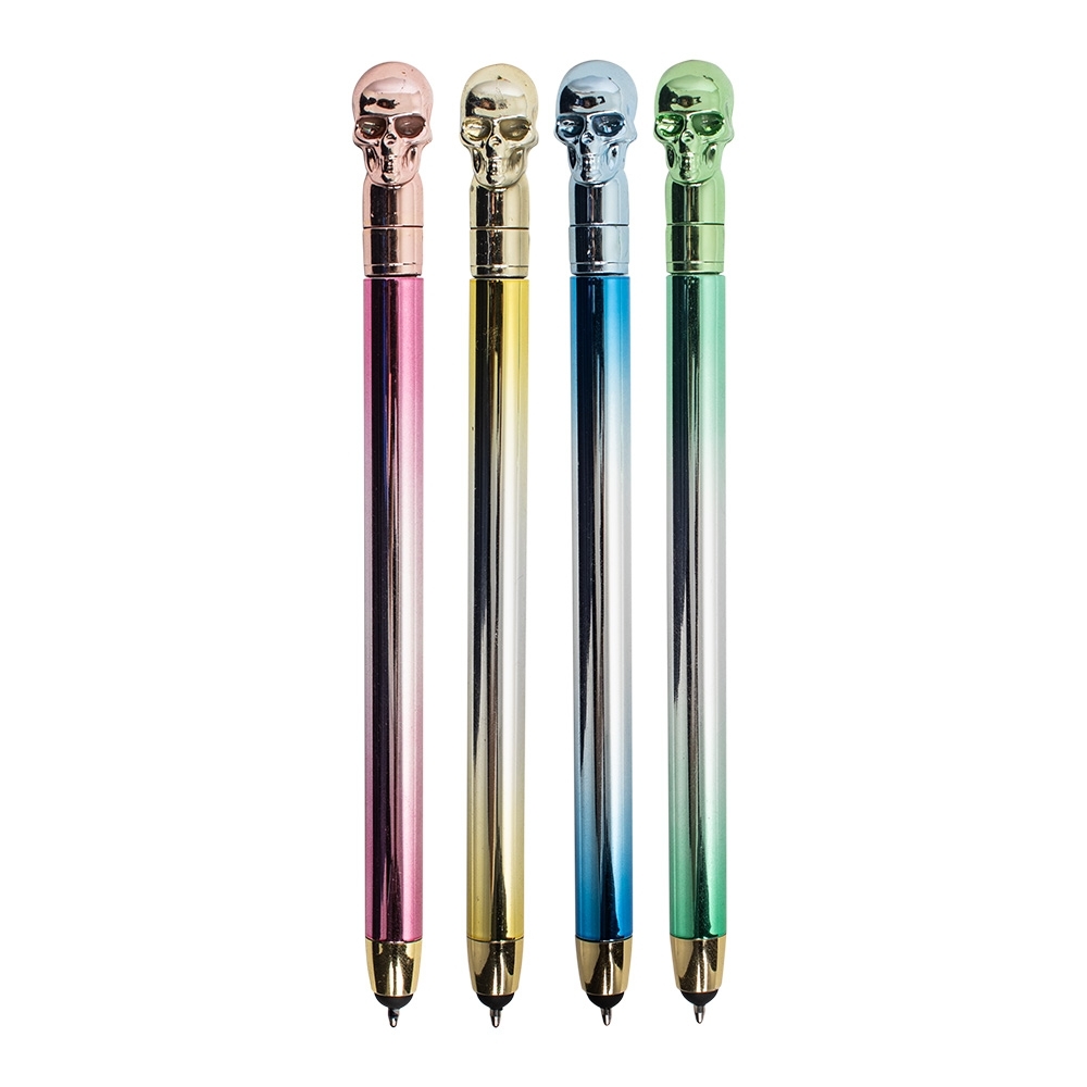 Caneta plástica caveira personalizada com a logo da empresa