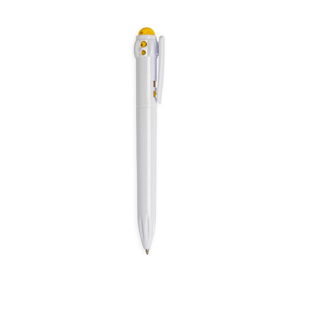 Caneta plástica de corpo branco com botão esférico colorido personalizada com a logo da empresa