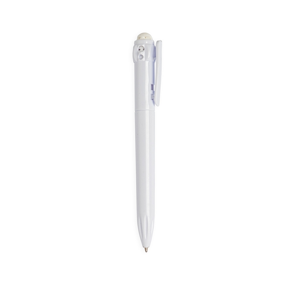 Caneta plástica de corpo branco com botão esférico colorido na cor Branco, personalizada com a logo da empresa