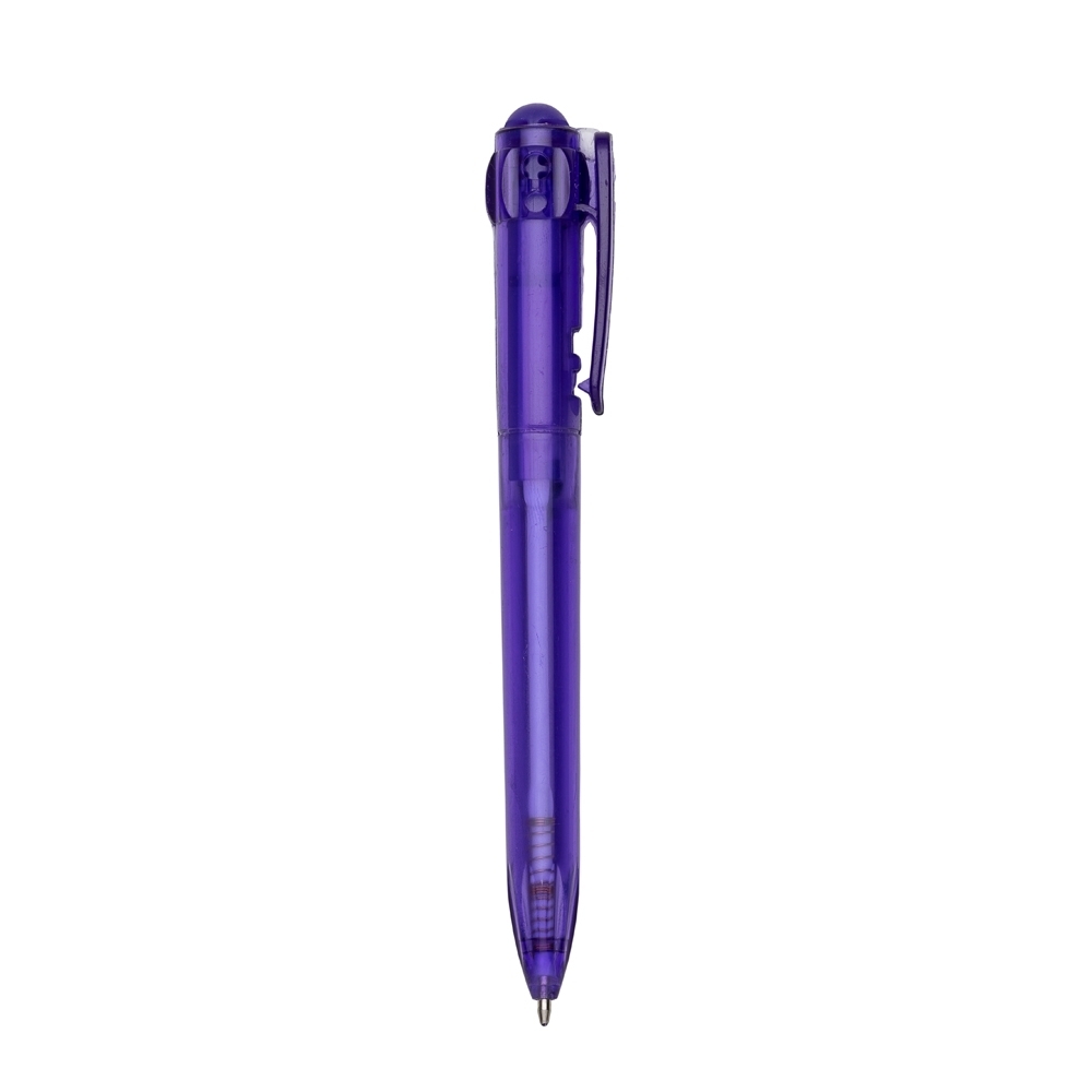 Caneta plástica translúcida com botão esférico personalizada com a logo da empresa, na cor roxo
