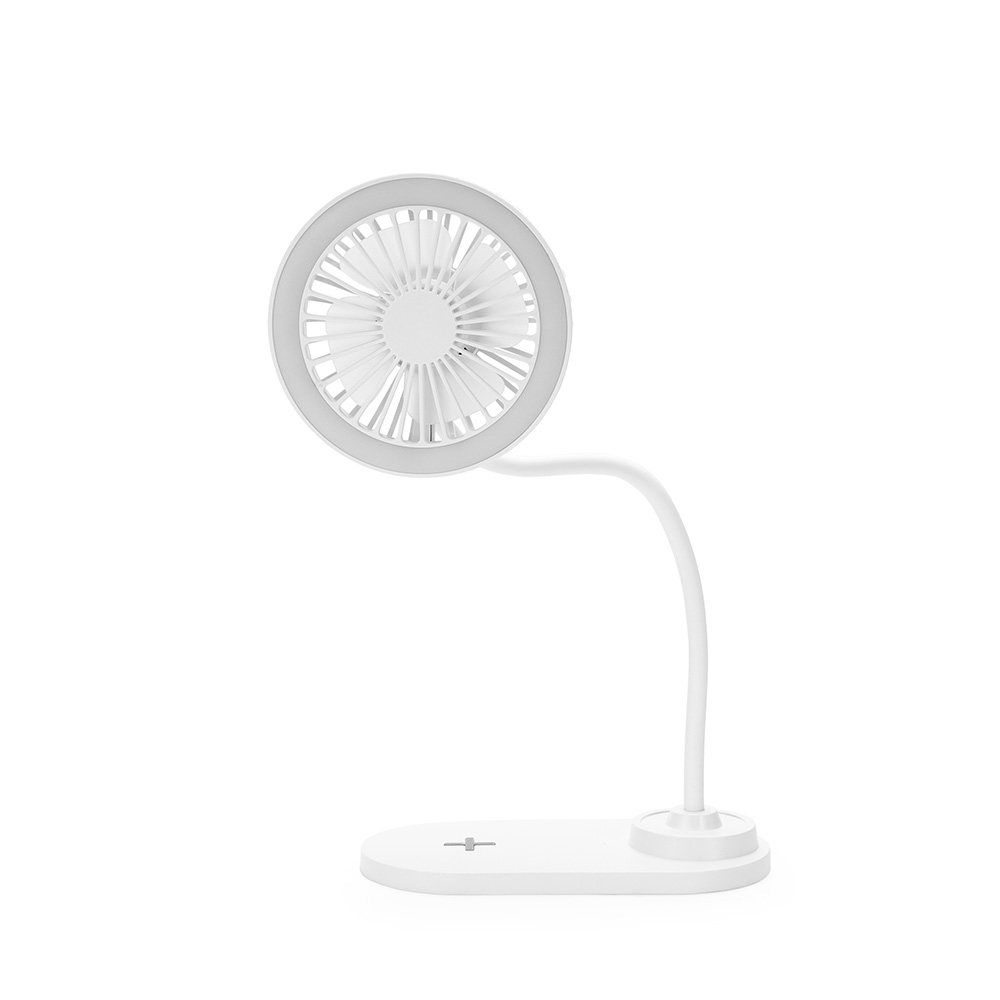 Ventilador com LED e carregamento via indução na cor Branco, personalizado com a logo da empresa