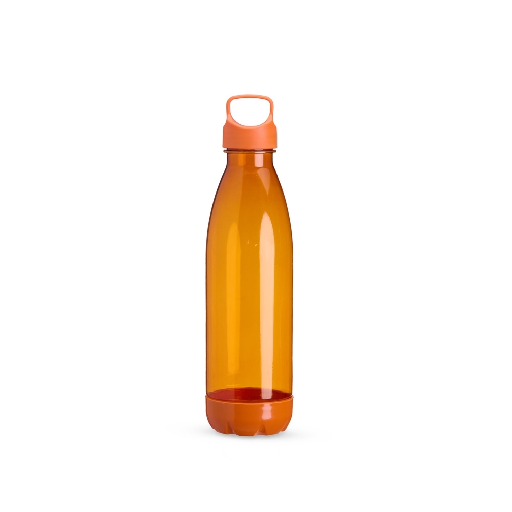 Garrafa plástica translúcida 680 ml com alça personalizada com a logo da empresa, na cor laranja