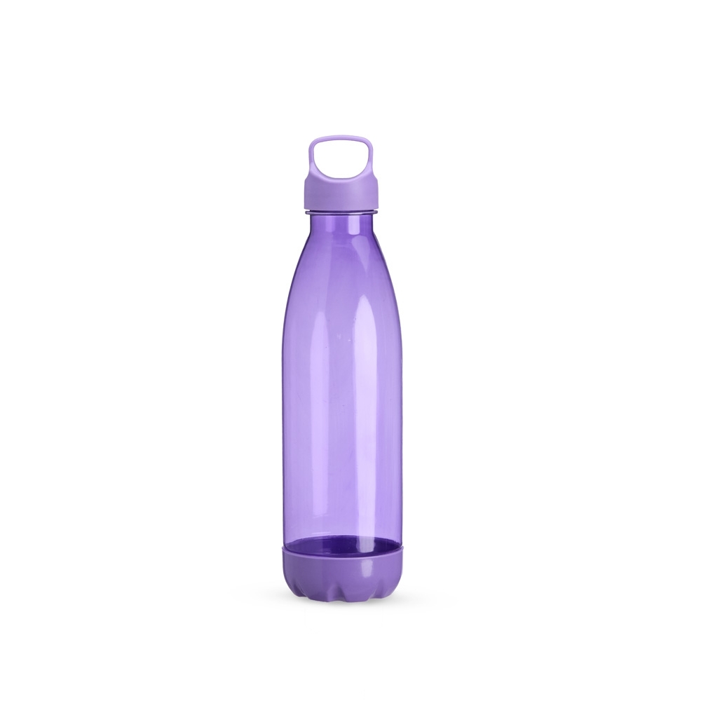 Garrafa plástica translúcida 680 ml com alça personalizada com a logo da empresa, na cor lilás