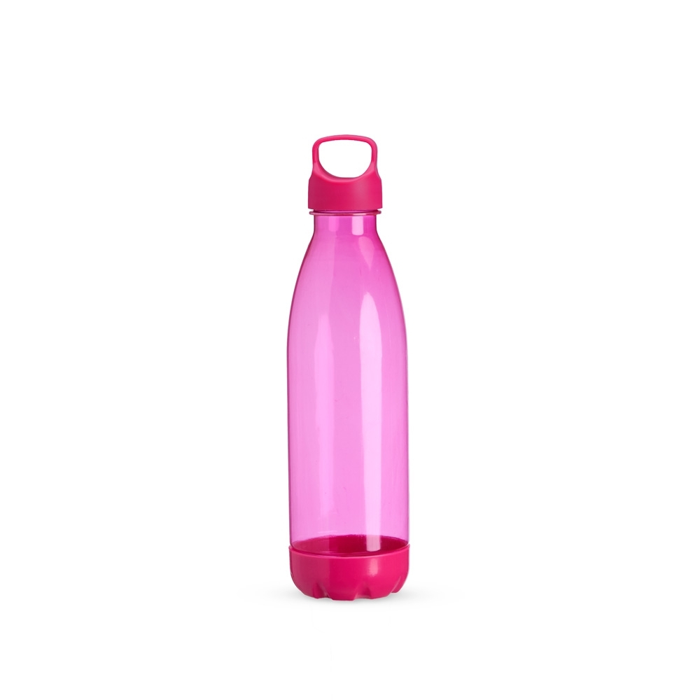 Garrafa plástica translúcida 680 ml com alça personalizada com a logo da empresa, na cor rosa