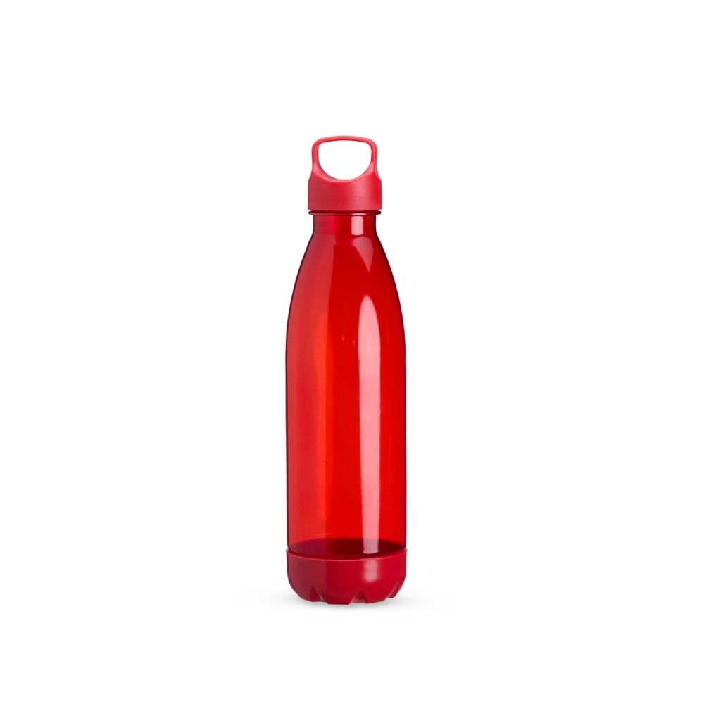 Garrafa plástica translúcida 680 ml com alça personalizada com a logo da empresa, na cor vermelho