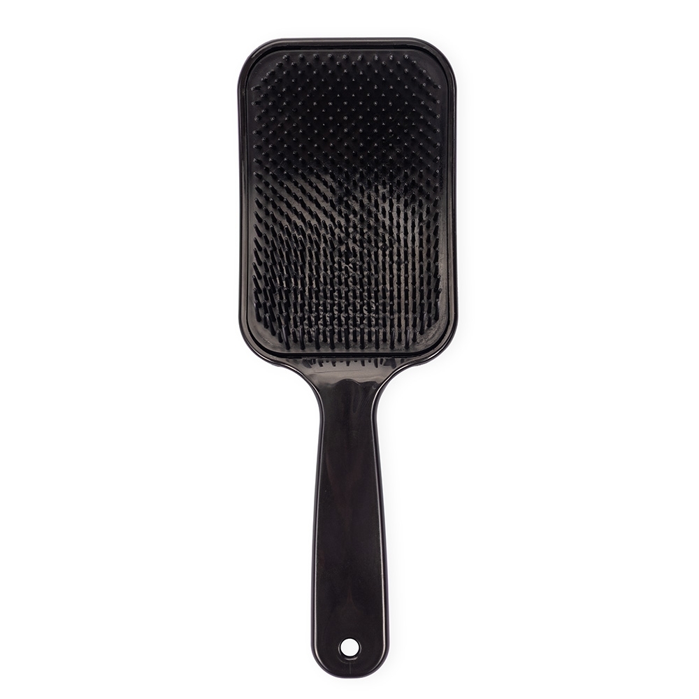 Escova raquete de plástico na cor Preto, personalizada com a logo da empresa