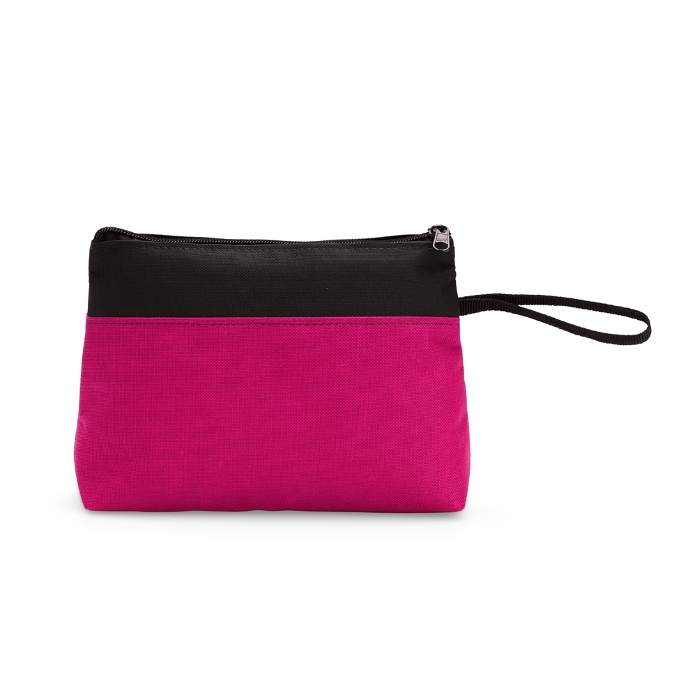 Nécessaire de nylon (16 x 22 x 7 cm) personalizada com a logo da empresa, na cor pink / preto