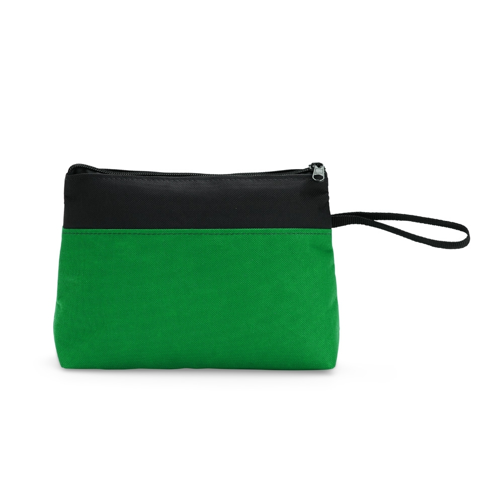 Nécessaire de nylon (16 x 22 x 7 cm) personalizada com a logo da empresa, na cor verde / preto