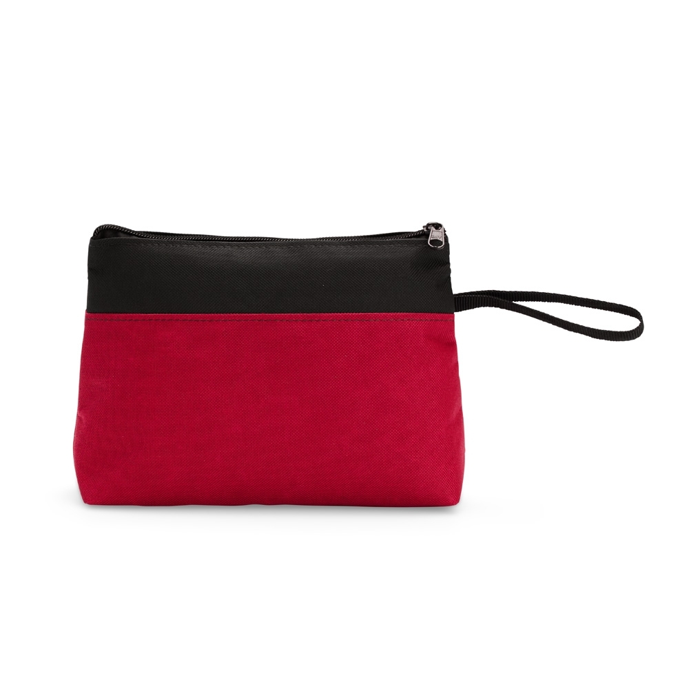Nécessaire de nylon (16 x 22 x 7 cm) personalizada com a logo da empresa, na cor vermelho / preto