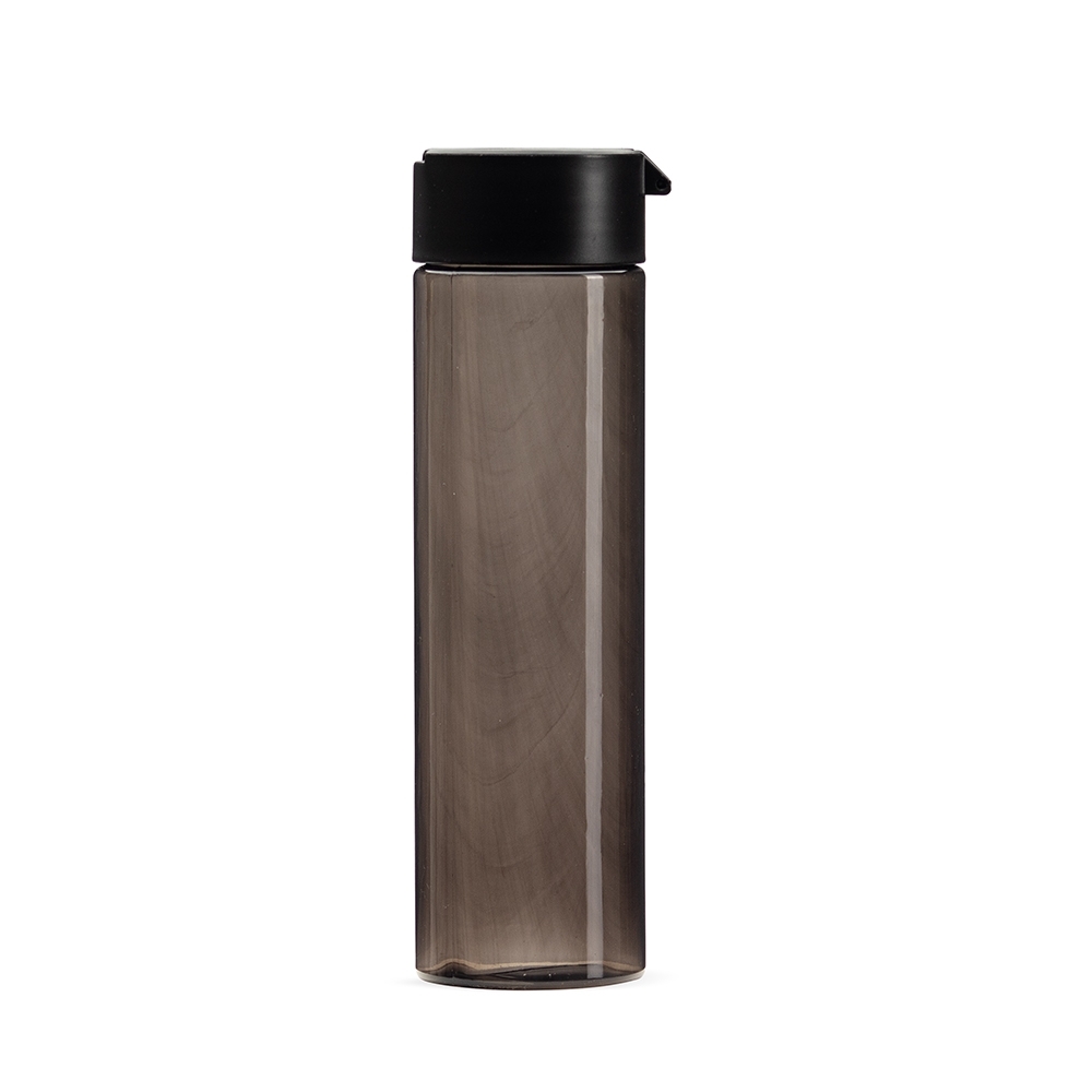 Garrafa plástica 700 ml cilíndrica com alça circular na cor Fumê, personalizada com a logo da empresa