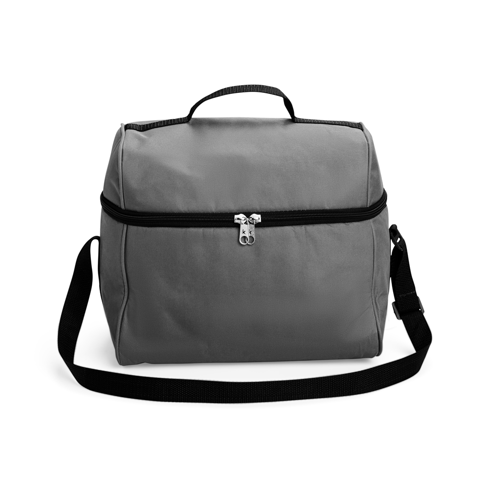 Bolsa térmica 14 litros de poliéster impermeável personalizada com a logo da empresa, na cor chumbo