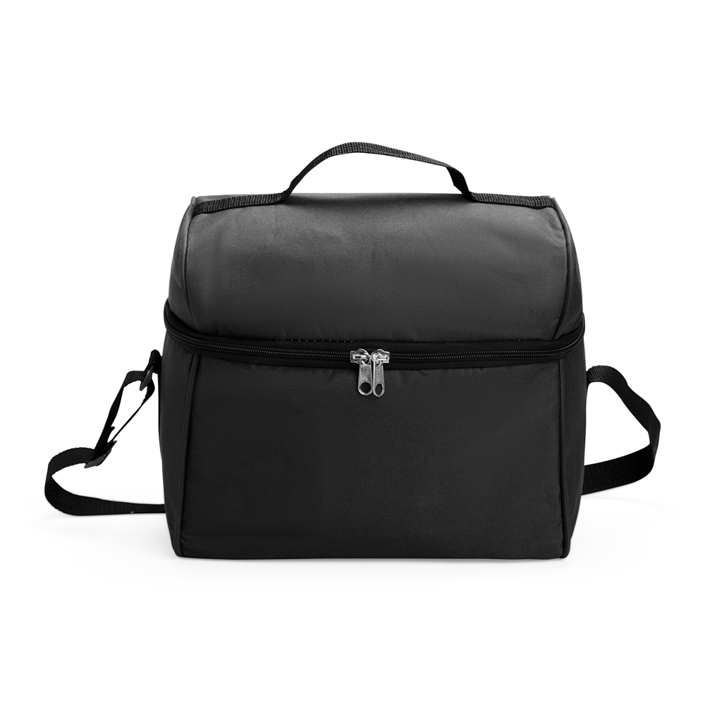 Bolsa térmica 14 litros de poliéster impermeável na cor Preto, personalizada com a logo da empresa