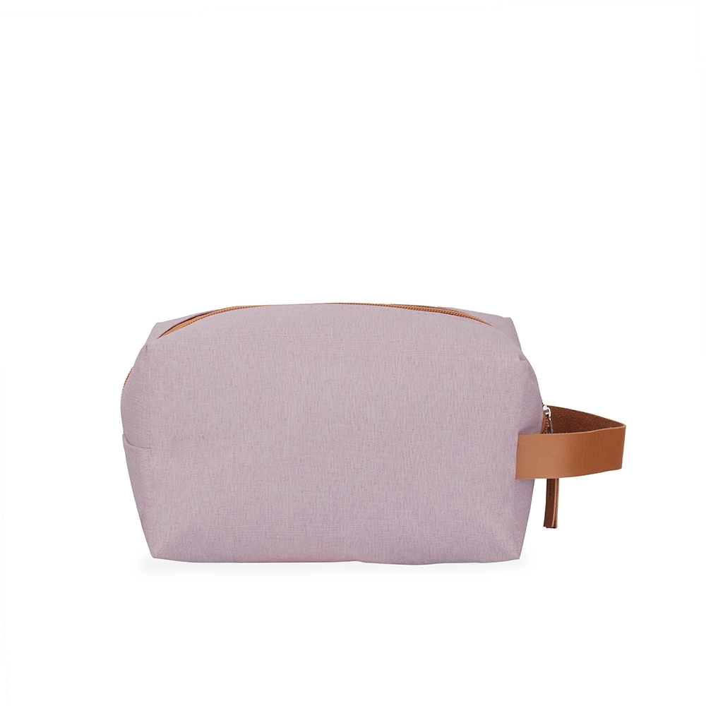 Nécessaire de nylon impermeável (11 x 21,8 x 11 cm) personalizada com a logo da empresa, na cor rosa