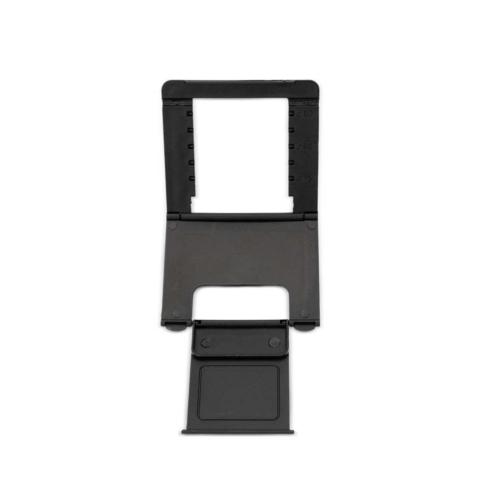 Suporte de plástico para celular com inclinação ajustável na cor Preto, personalizado com a logo da empresa