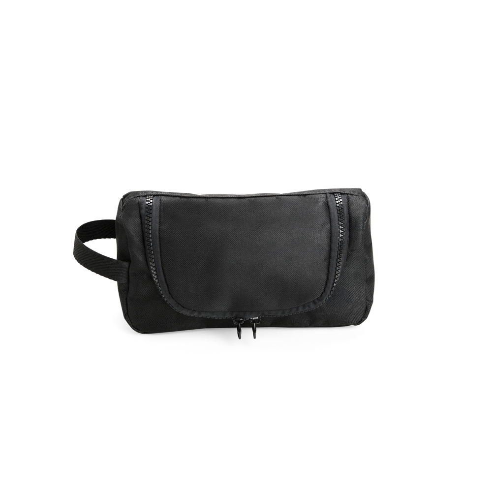 Nécessaire de nylon impermeável com divisórias na cor Preto, personalizada com a logo da empresa
