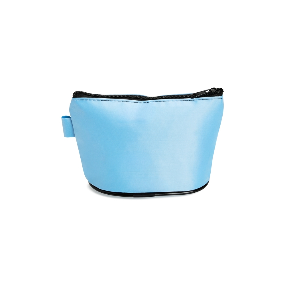 Nécessaire de nylon impermeável (11 x 19,5 x 8 cm) personalizada com a logo da empresa, na cor azul claro