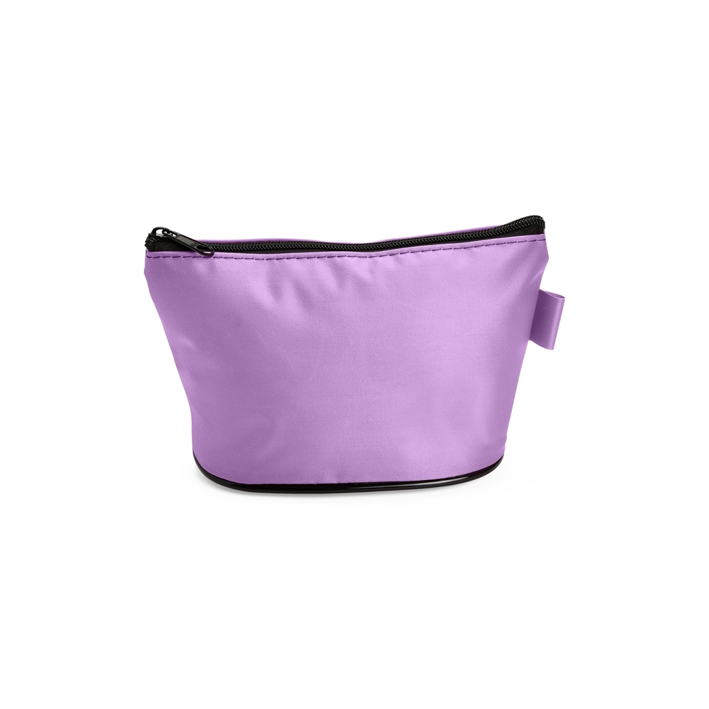 Nécessaire de nylon impermeável (11 x 19,5 x 8 cm) personalizada com a logo da empresa, na cor lilás