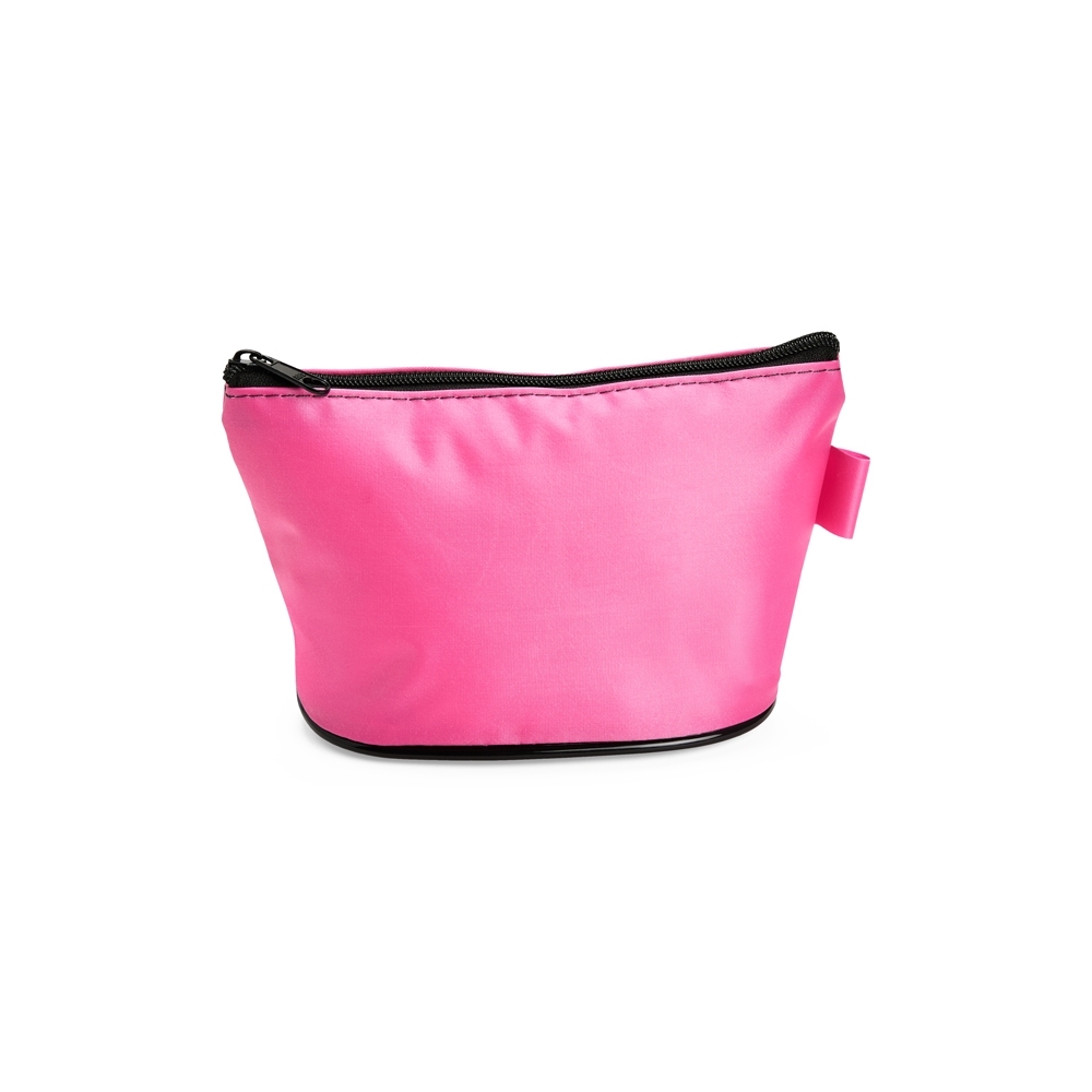 Nécessaire de nylon impermeável (11 x 19,5 x 8 cm) personalizada com a logo da empresa, na cor pink