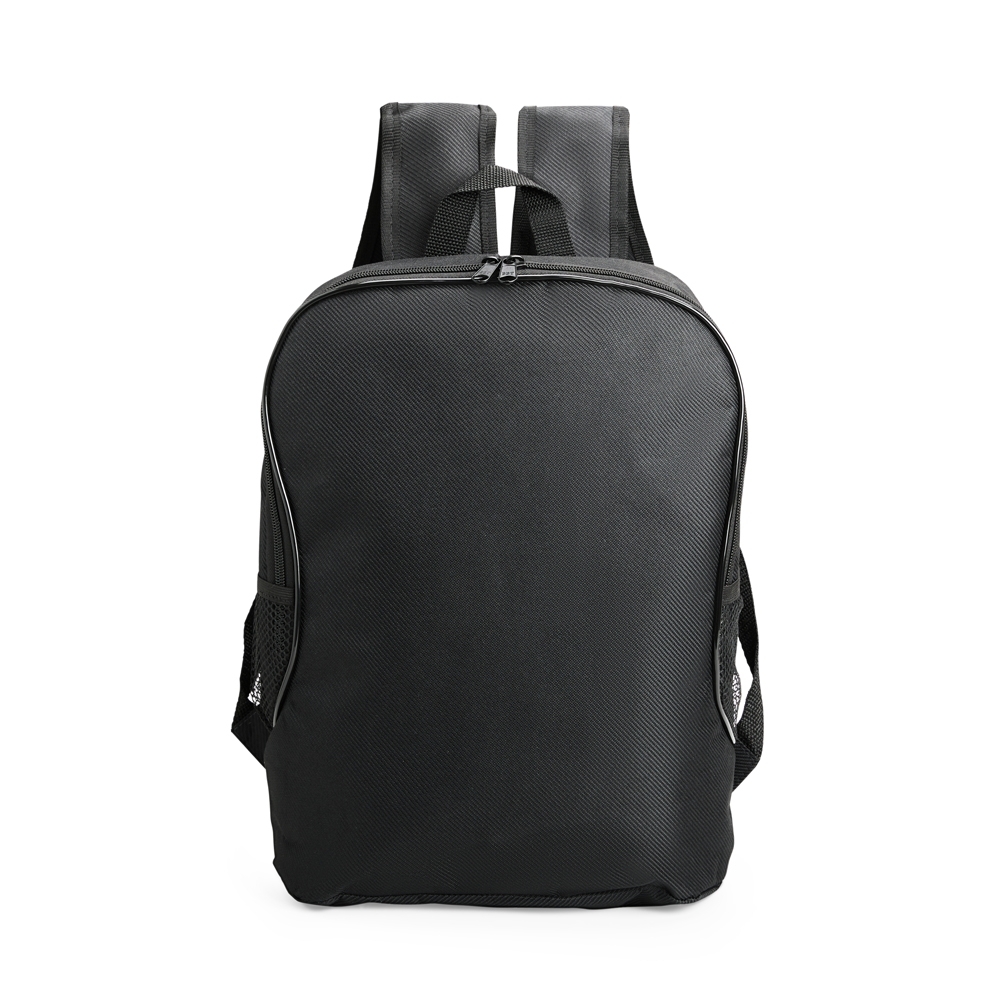 Mochila de poliéster 18 litros impermeável com divisórias e zíper na cor Preto, personalizada com a logo da empresa