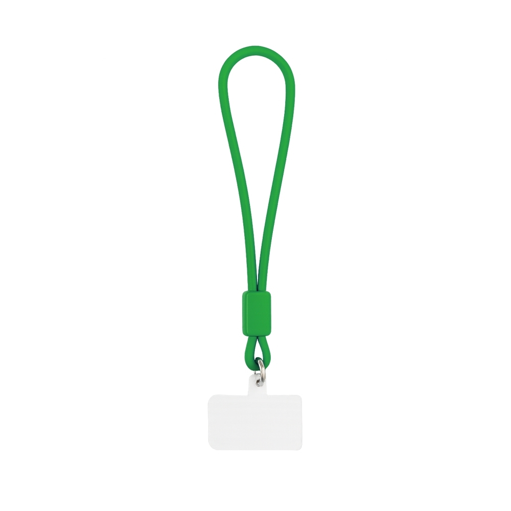 Pulseira antifurto emborrachada para celular na cor Verde, personalizada com a logo da empresa