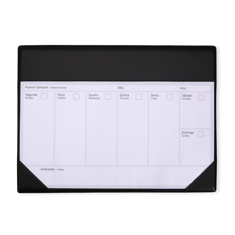Planner semanal de mesa com 20 folhas na cor Preto, personalizado com a logo da empresa